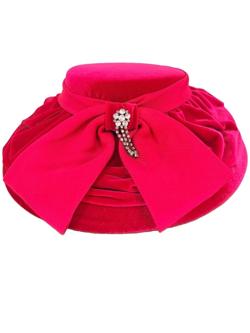Whittall & Shon Vintage Red Wool Velvet Wide Brim Hat Rhinestone Bow Pillbox